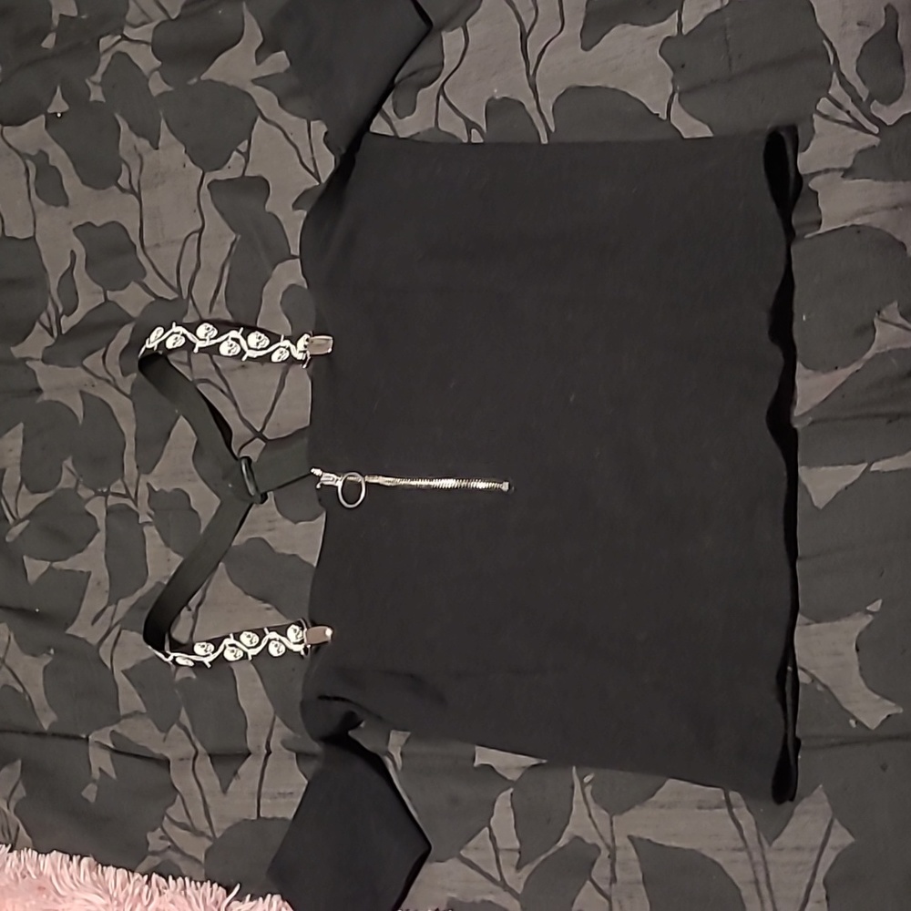 Drop sleeve T with removable skull  suspenders and 1/2 zipper in front